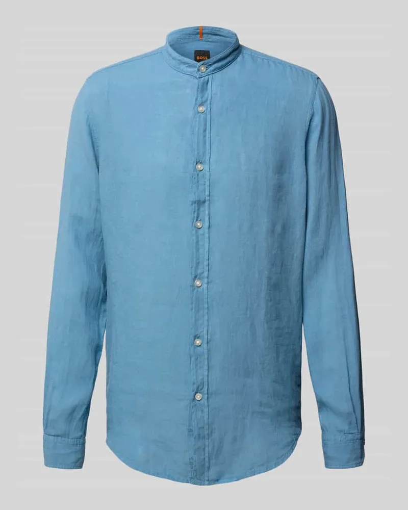 HUGO BOSS Regular Fit Leinenhemd mit Stehkragen Modell 'Race Rauchblau
