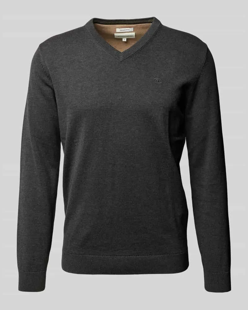 Tom Tailor Regular Fit Strickpullover aus reiner Baumwolle mit V-Ausschnitt Anthrazit