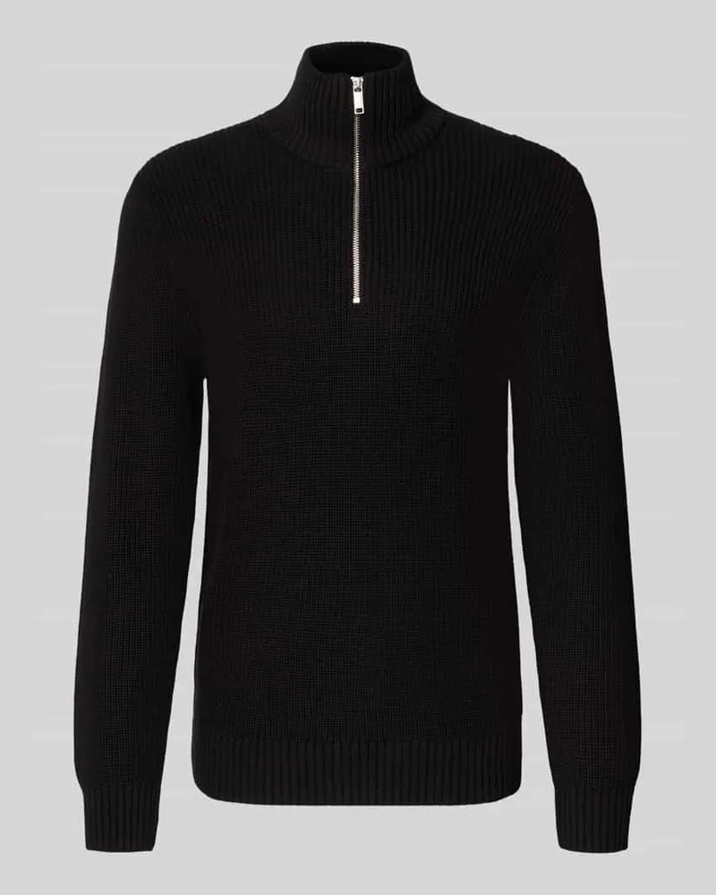 McNeal Slim Fit Strickpullover aus reiner Baumwolle mit Troyer-Kragen Black