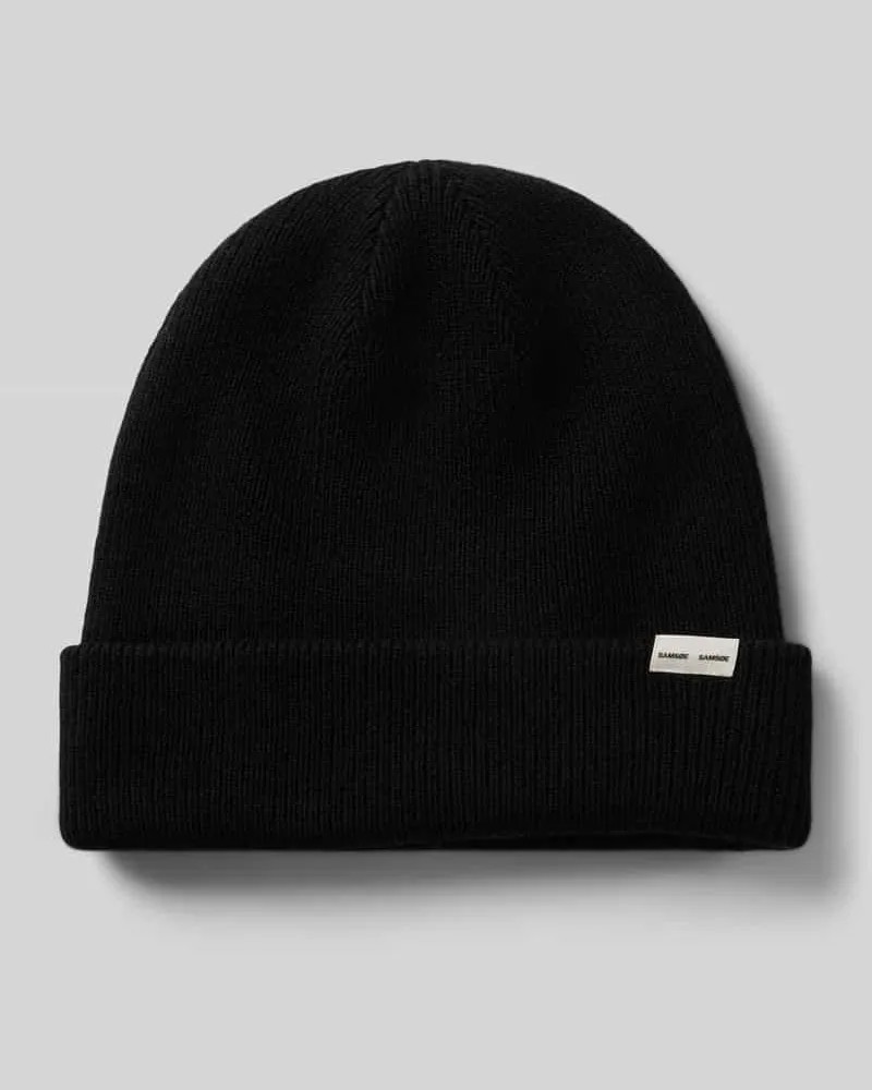 Samsøe & Samsøe Mütze aus Woll-Mix in Strick-Optik mit Label-Patch Black