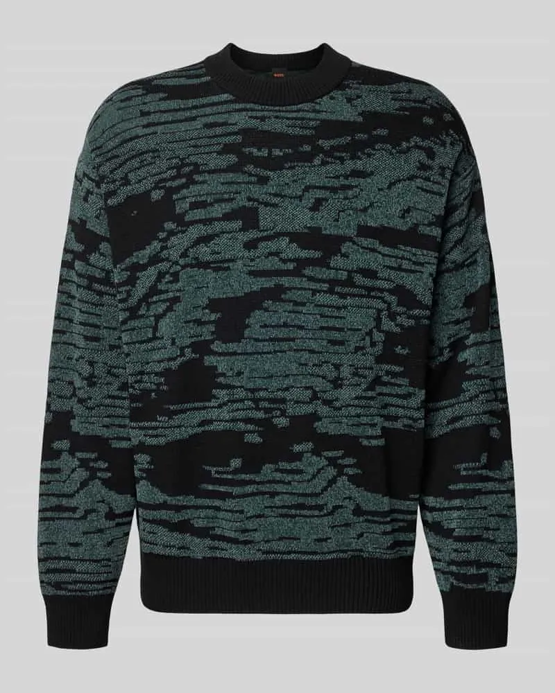 HUGO BOSS Regular Fit Strickpullover mit grafischem Jacquard-Muster Modell 'Andscape Black