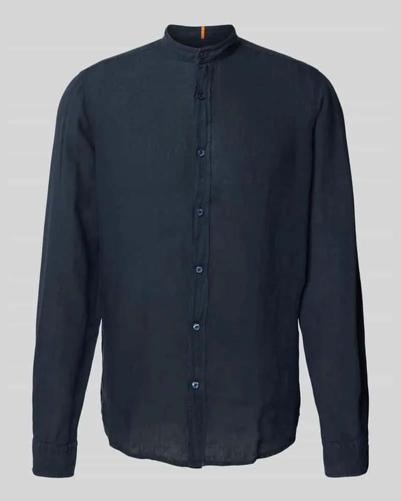 HUGO BOSS Regular Fit Leinenhemd mit Stehkragen Modell 'Race Dunkelblau