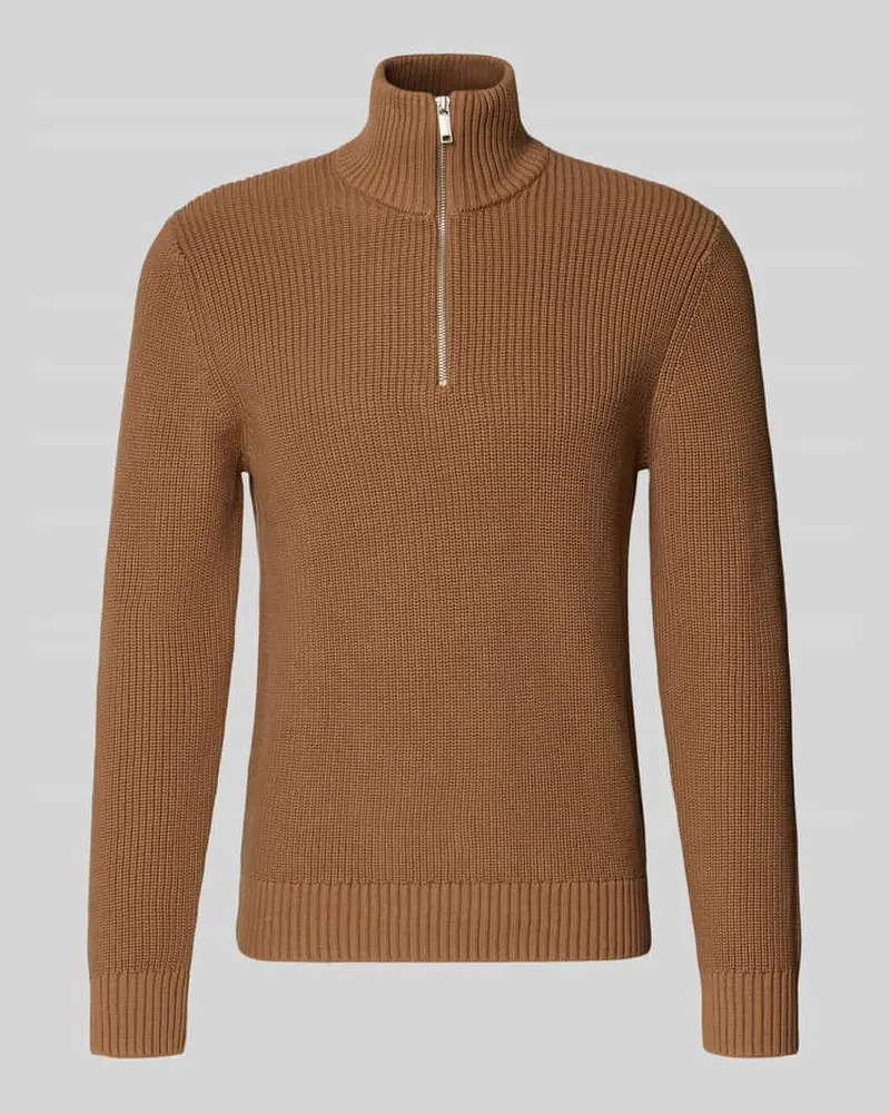 McNeal Slim Fit Strickpullover aus reiner Baumwolle mit Troyer-Kragen Taupe