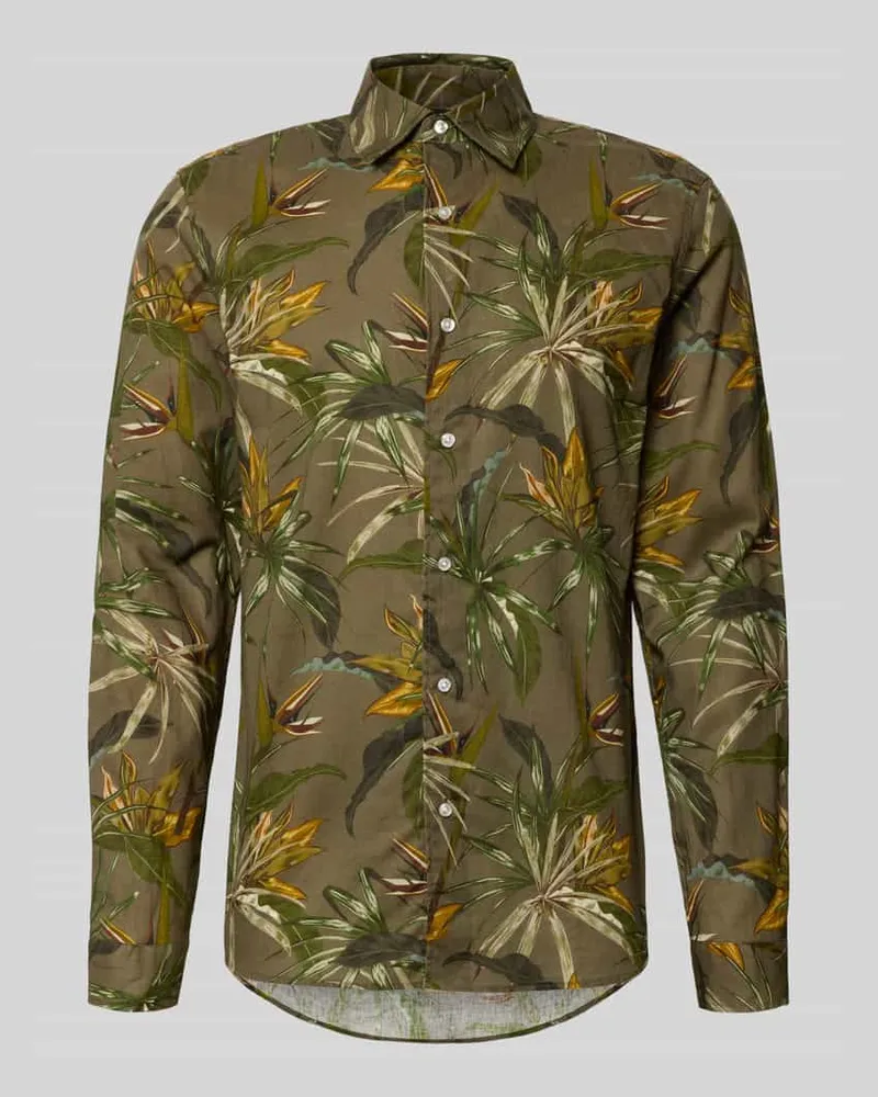 McNeal Regular Fit Freizeithemd aus Leinen-Baumwoll-Mix mit Kentkragen Mittelbraun