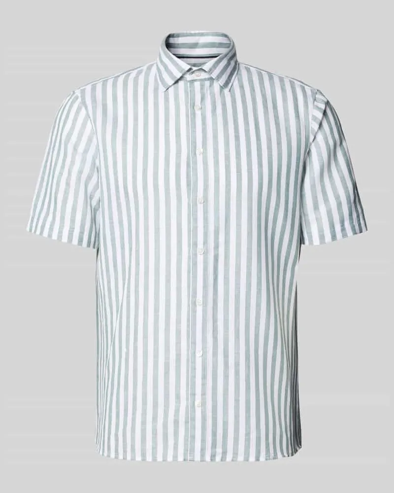 JAKE*S Slim Fit Business Hemd aus Leinen-Misch mit Kentkragen Dunkelgruen