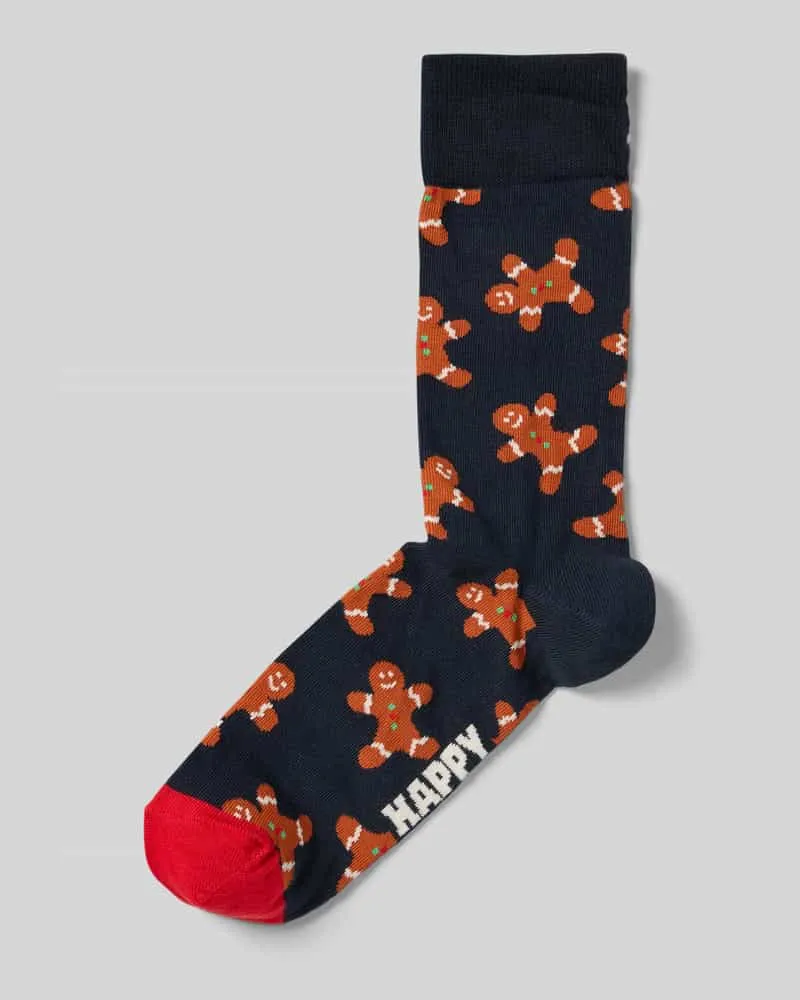 Happy Socks Socken im Allover-Look Modell 'Gingerbread Man Dunkelblau