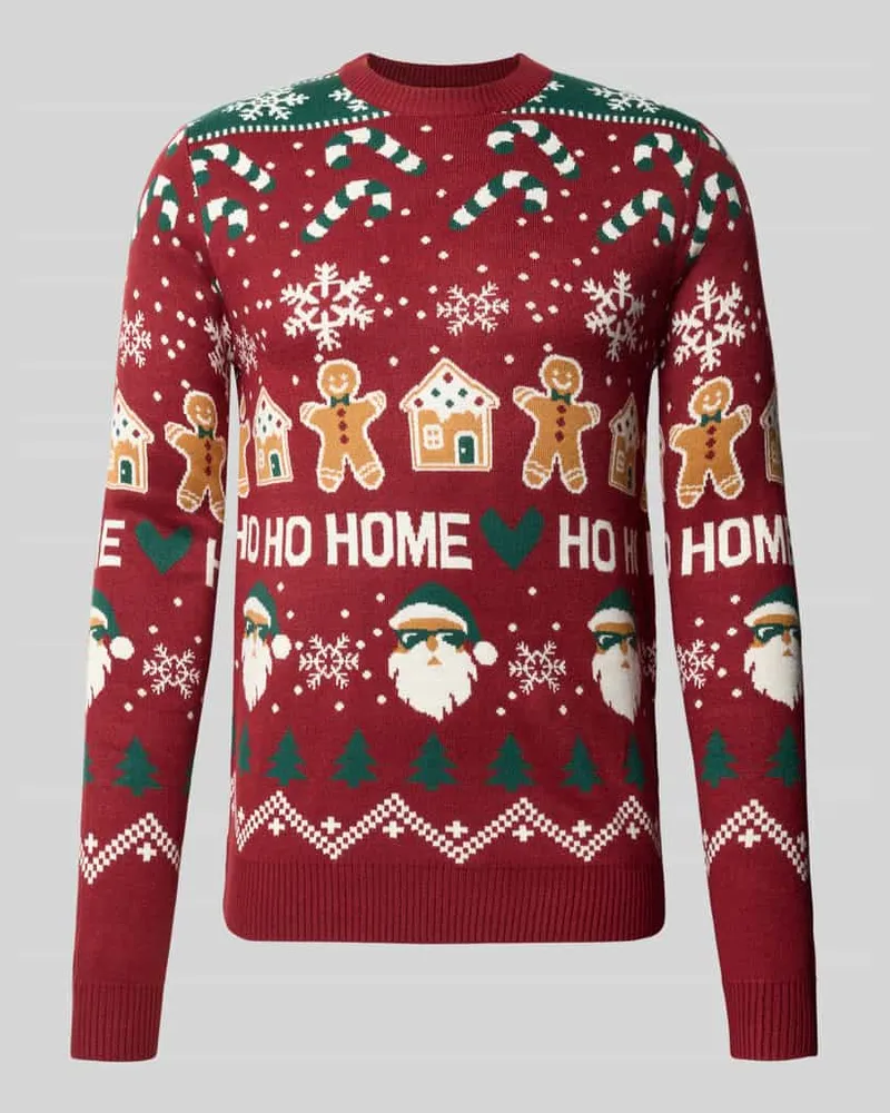 Lindbergh Weihnachtspullover mit Motiv-Print Bordeaux