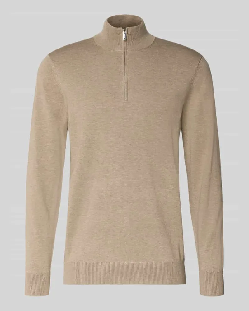 Profuomo Slim Fit Strickpullover mit Seiden-Anteil und Reißverschluss Beige