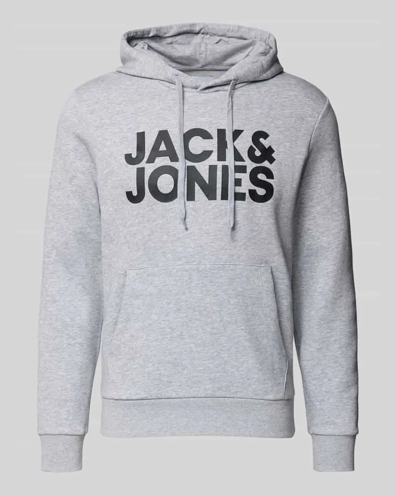 Jack & Jones Hoodie mit Label-Print und Känguru-Tasche Hellgrau