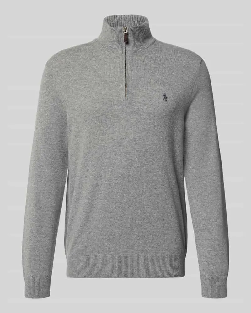 Ralph Lauren Strickpullover aus Wolle mit Stehkragen und Reißverschluss Mittelgrau