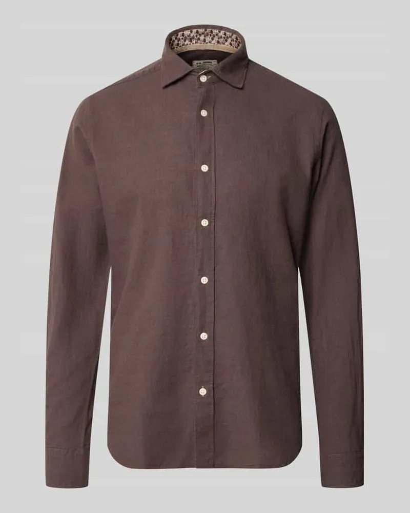 FIL NOIR Regular Fit Business-Hemd aus Leinen-Baumwoll-Mix Modell 'ROMA Dunkelbraun