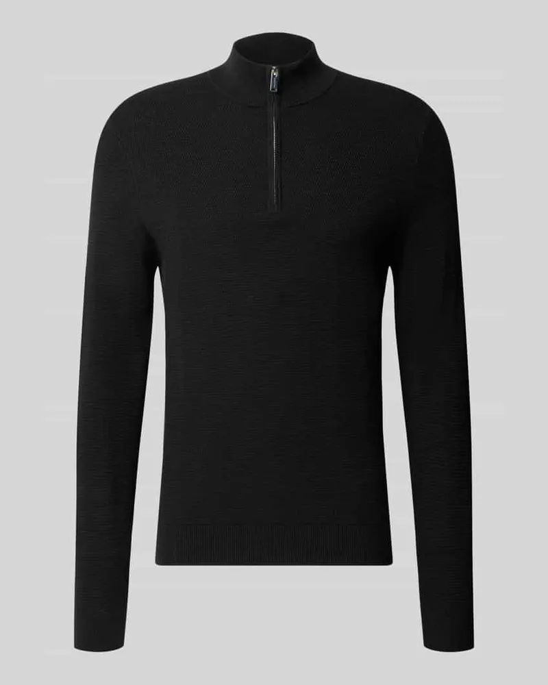 Profuomo Slim Fit Strickpullover aus Baumwoll-Mix mit Troyer-Kragen Black