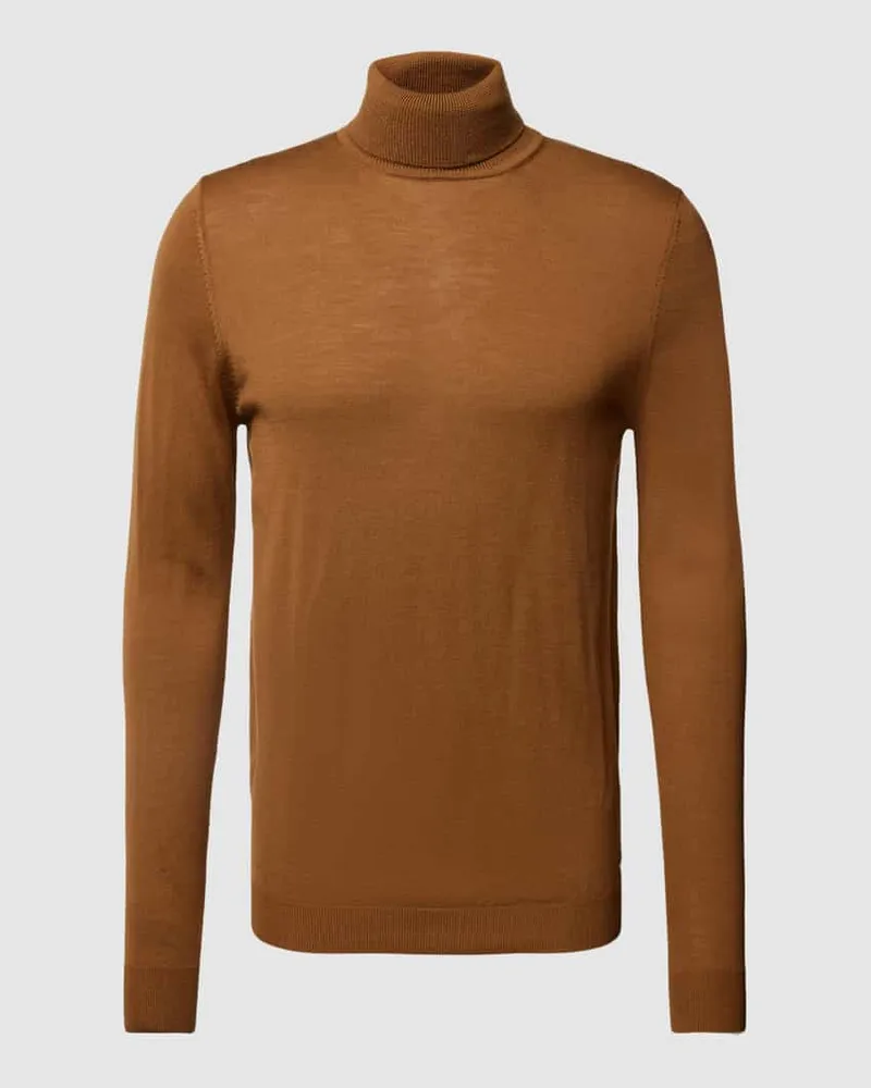 Roy Robson Rollkragenpullover aus Schurwolle mit gerippten Abschlüssen Rostrot