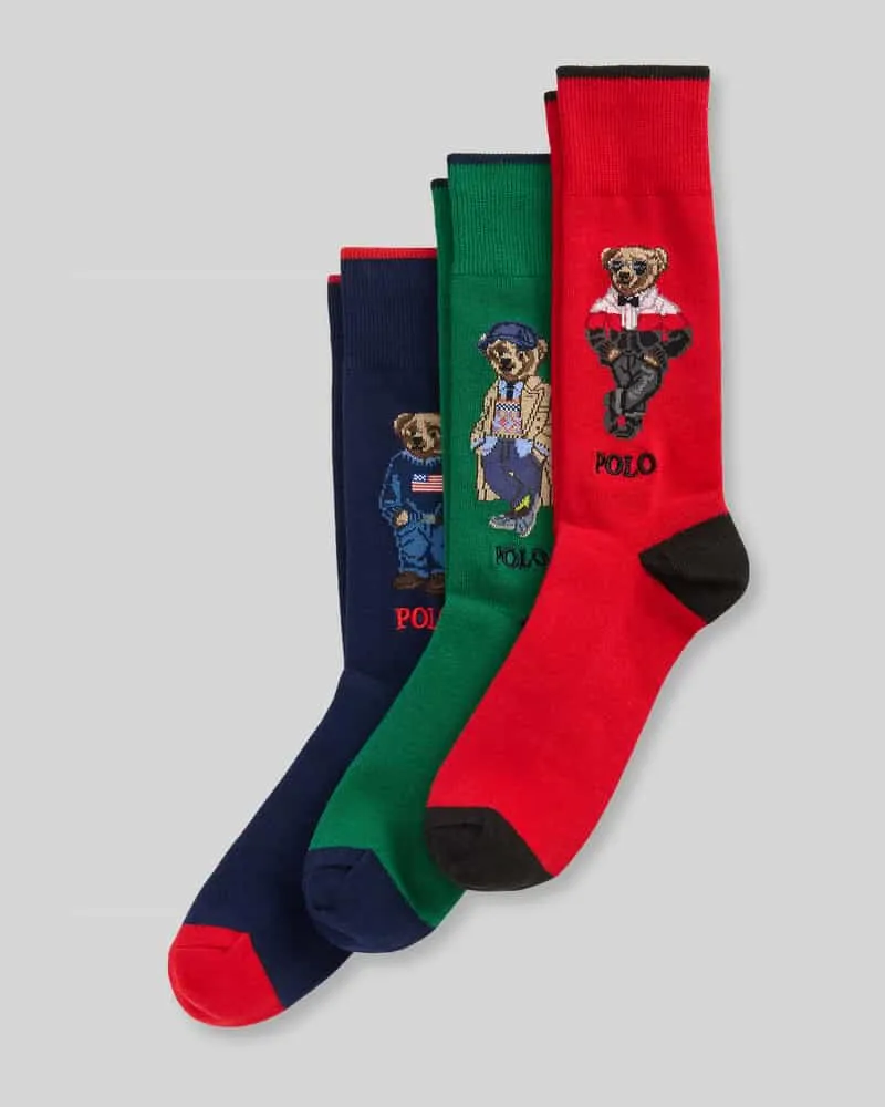 Ralph Lauren Socken mit Bärenmotiv im 3er-Pack aus Baumwollmix Rot