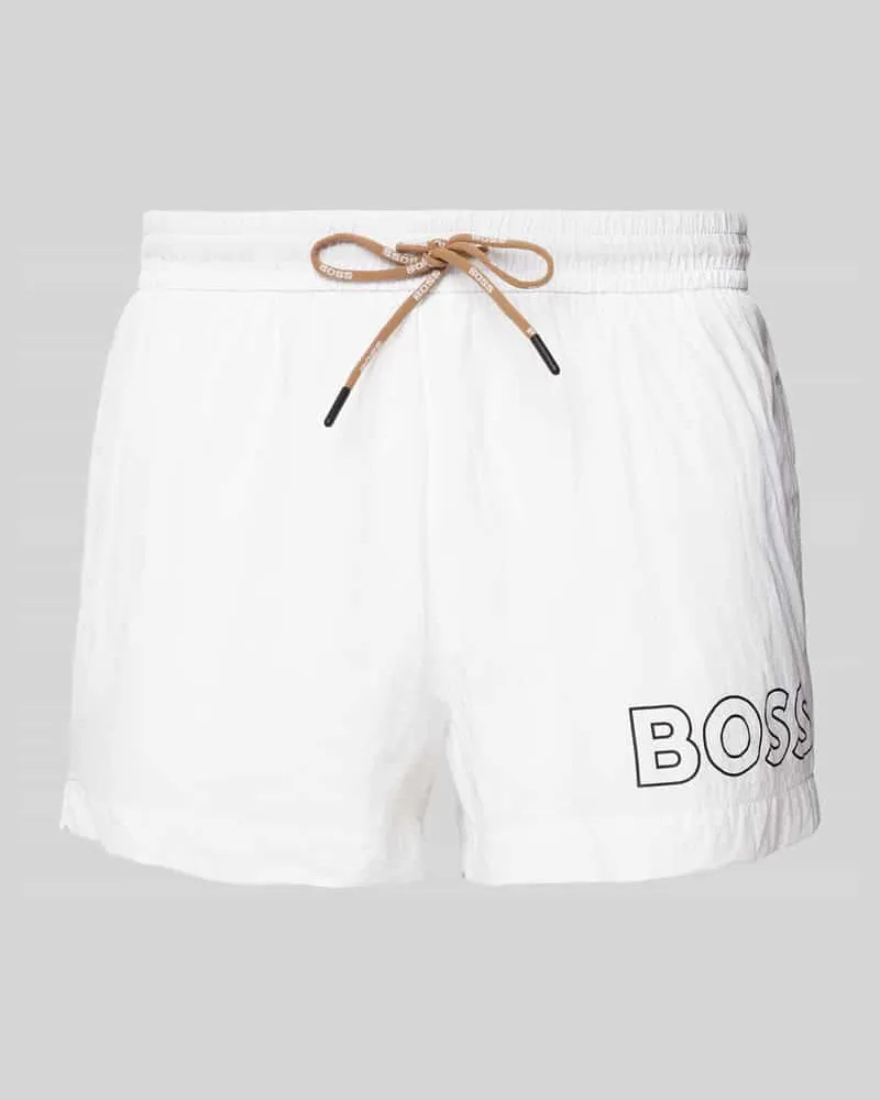 HUGO BOSS Relaxed Fit Badeshorts mit Label-Print Modell 'Mooneye Weiss