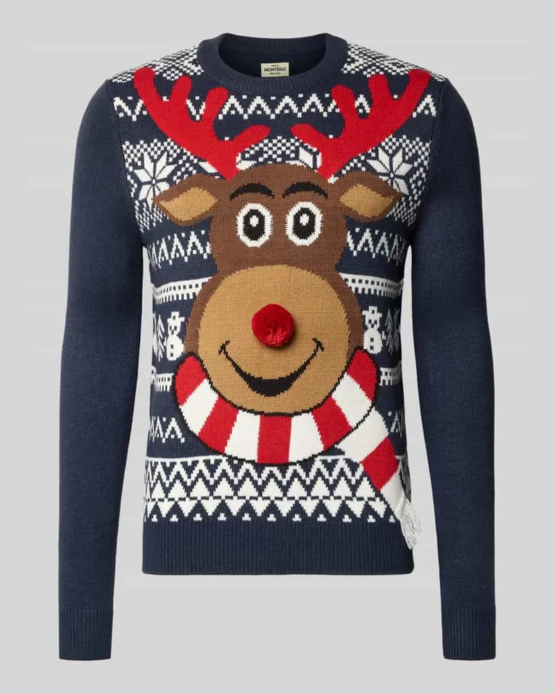 MONTEGO Regular Fit Strickpullover mit Motiv-Stitching Modell 'RUDOLPH Marine