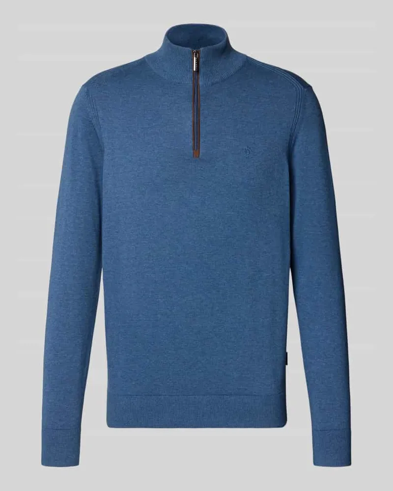 Bugatti Regular Fit Strickpullover aus reiner Baumwolle mit Troyer-Kragen Jeansblau