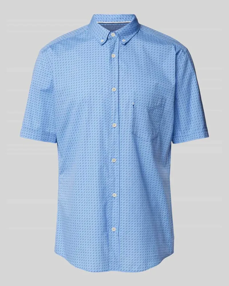 Olymp Slim Fit Kurzarmhemd aus reiner Baumwolle mit Allover-Muster Bleu
