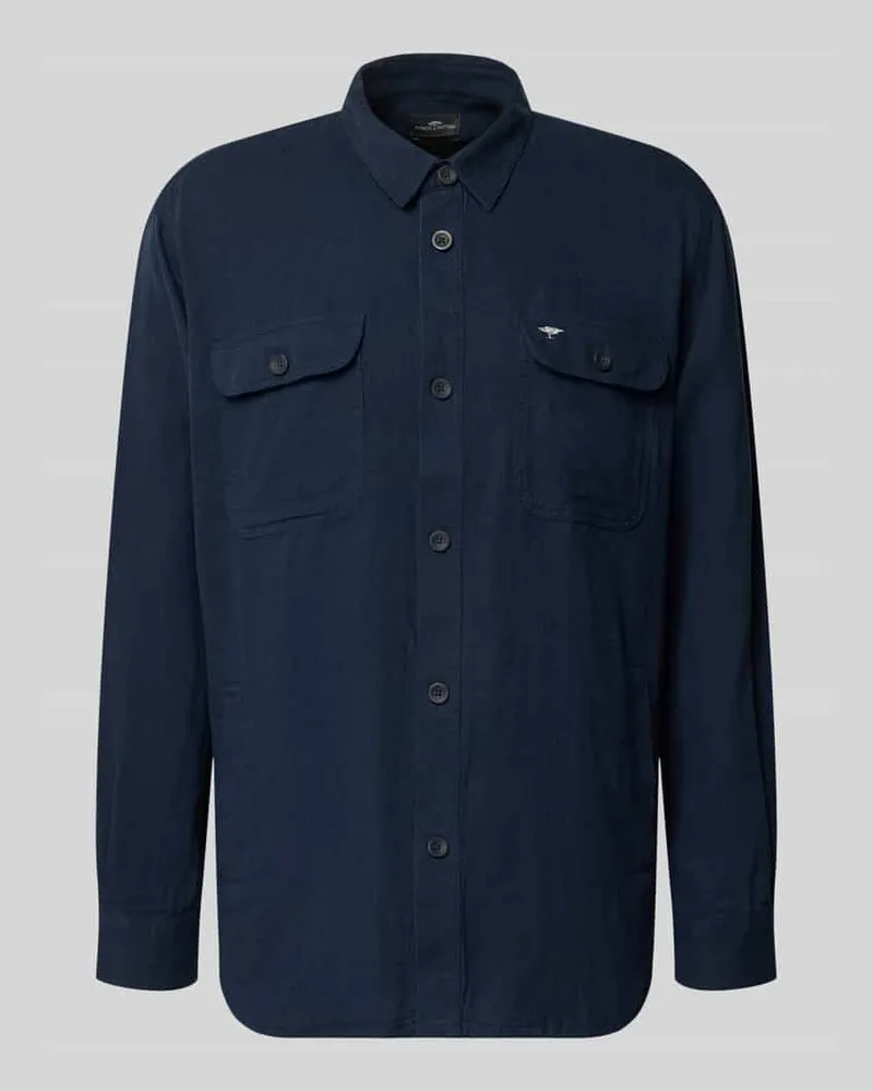 Fynch-Hatton Regular Fit Hemdjacke aus Leinen-Baumwoll-Mix mit Kentkragen Marine