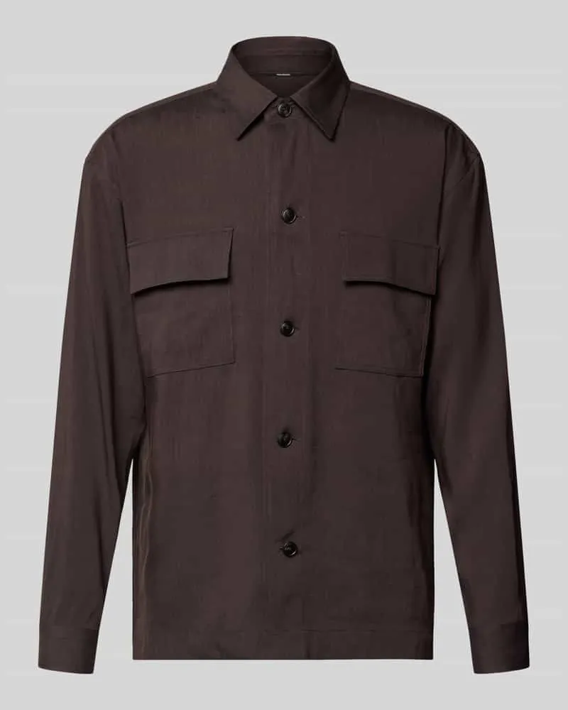 HUGO BOSS Regular Fit Overshirt aus Leinen-Mix Dunkelbraun