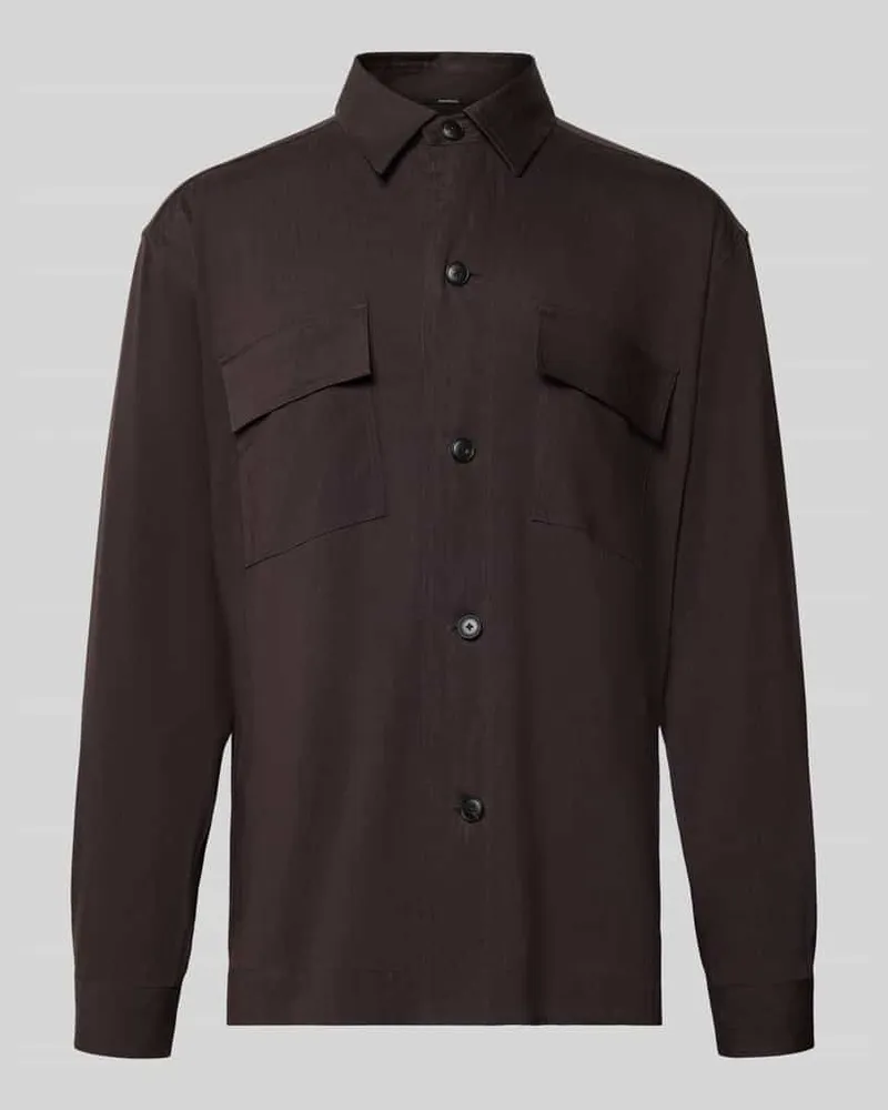 HUGO BOSS Regular Fit Overshirt aus Leinen-Mix Dunkelbraun