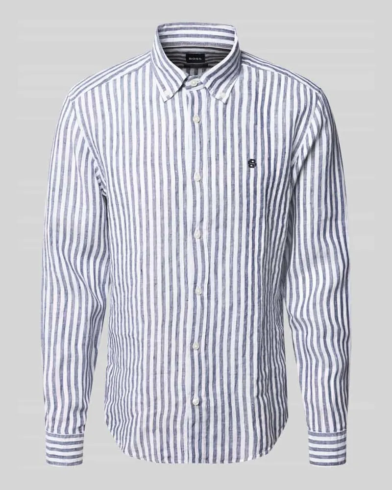 HUGO BOSS Regular Fit Leinenhemd mit Button-Down-Kragen Modell 'H-LIAM-BD Marine