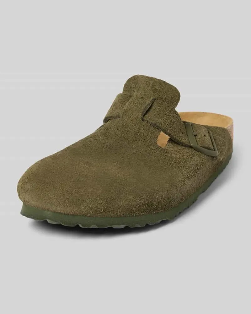 Birkenstock Lederslides mit Dornschließe Modell 'BOSTON Dunkelgruen