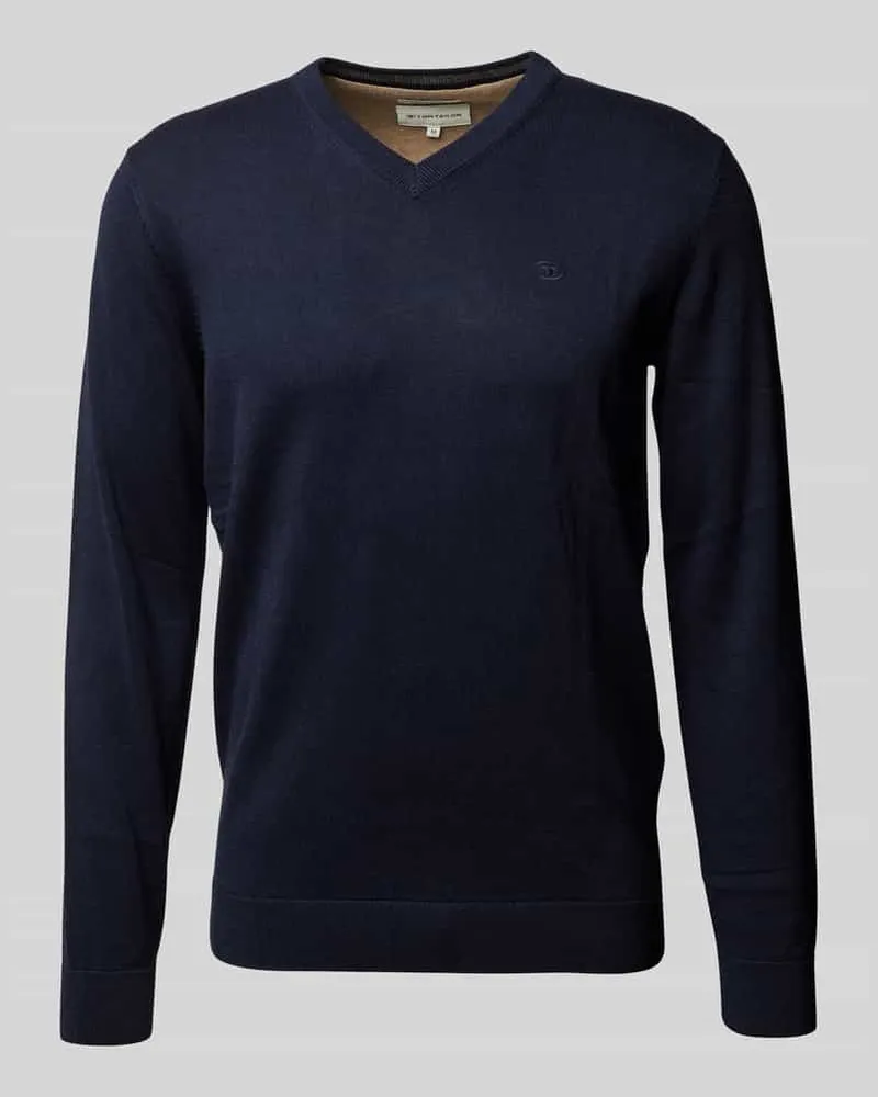 Tom Tailor Regular Fit Strickpullover aus reiner Baumwolle mit V-Ausschnitt Dunkelblau