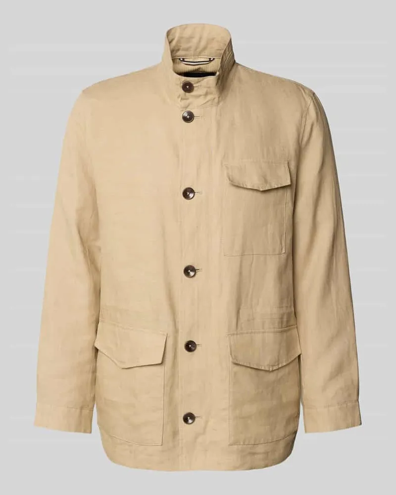 Bugatti Leinenjacke mit Stehkragen und Pattentaschen Beige