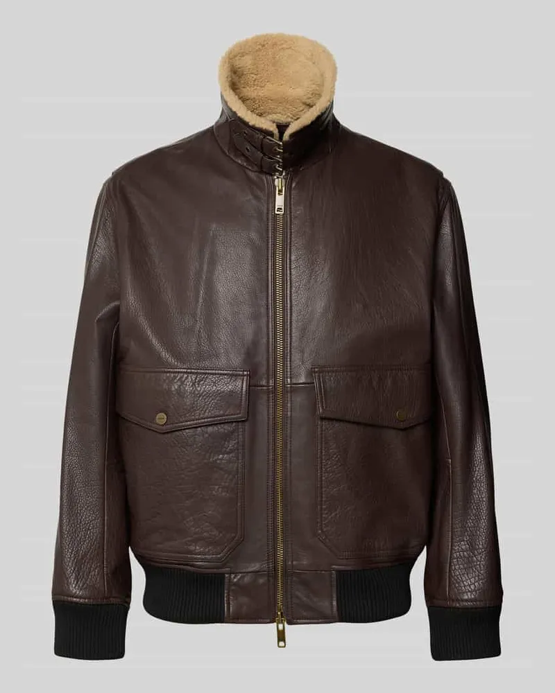 HUGO BOSS Relaxed Fit Lederjacke mit Lammfellkragen Modell 'Lorano Dunkelbraun