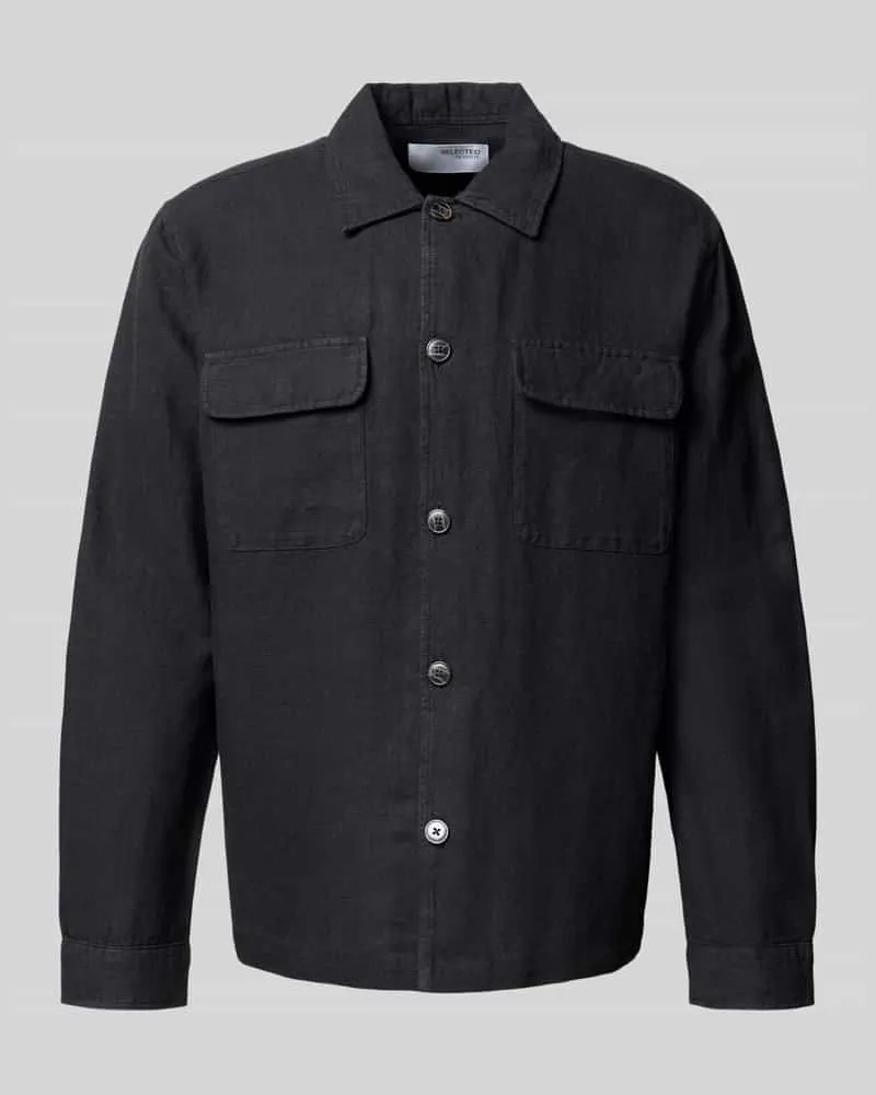 Selected Homme Regular Fit Leinenhemdjacke mit Kentkragen Modell 'LEROY SUN Black