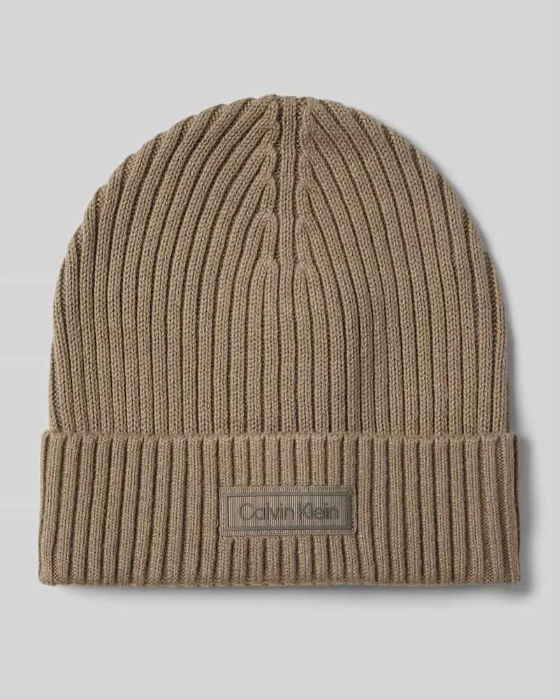Calvin Klein Strickmütze mit Kaschmir-Anteil und Label-Patch Camel