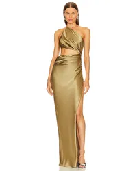 The Sei One Shoulder Cut Out Gown in Metallic Gold Metallic