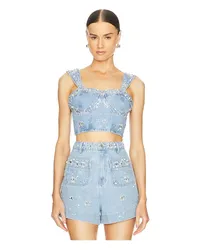 Pat Bo Hand-Beaded Denim Top in Blue Blue