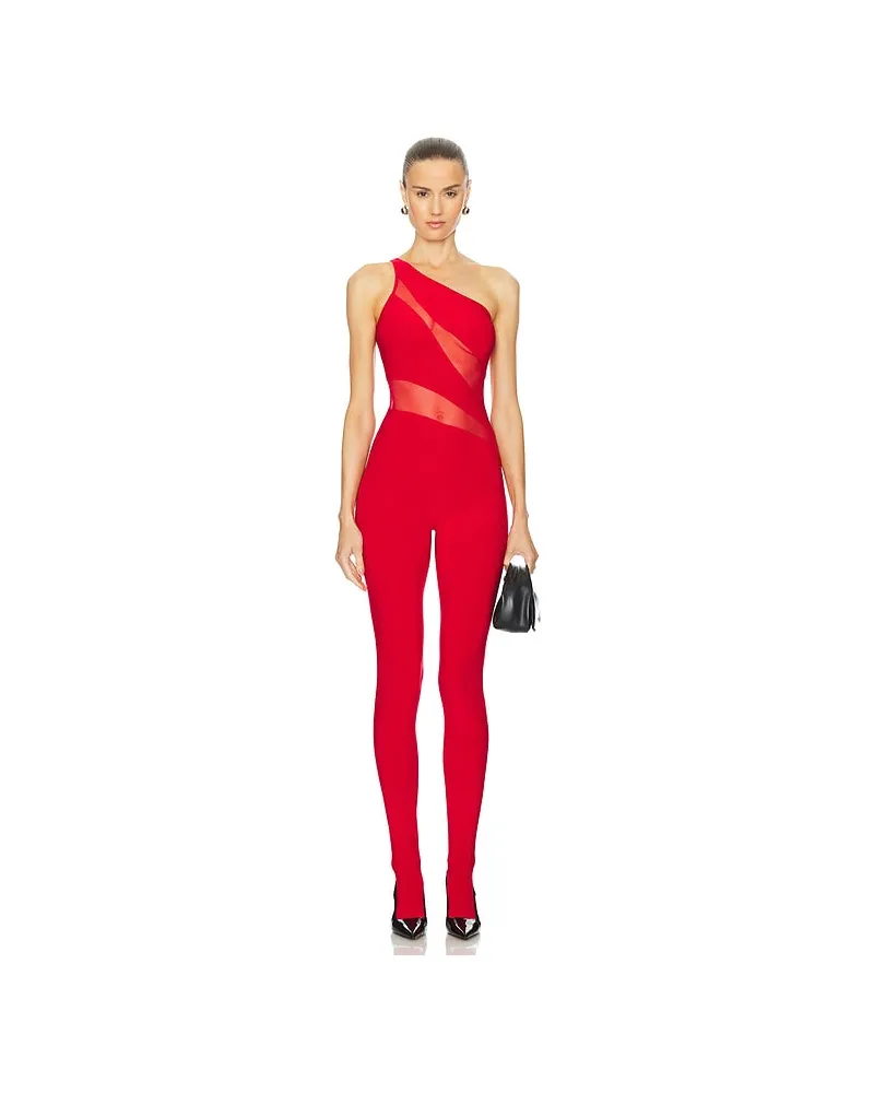 Norma Kamali Snake Mesh Catsuit With Footsie in Red Red