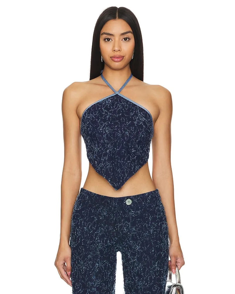 DI PETSA Frayed Denim Halter Top in Blue Blue