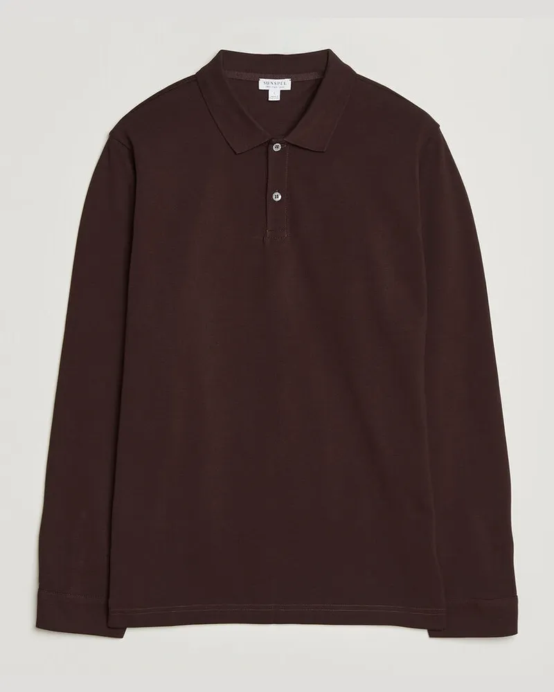 Sunspel Supima Cotton Long Sleeve Pique Polo Dark Brown Braun