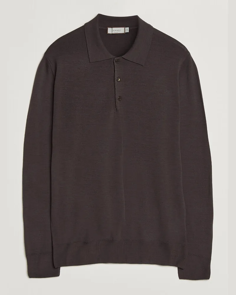 Canali Merino Wool Long Sleeve Polo Dark Brown Braun