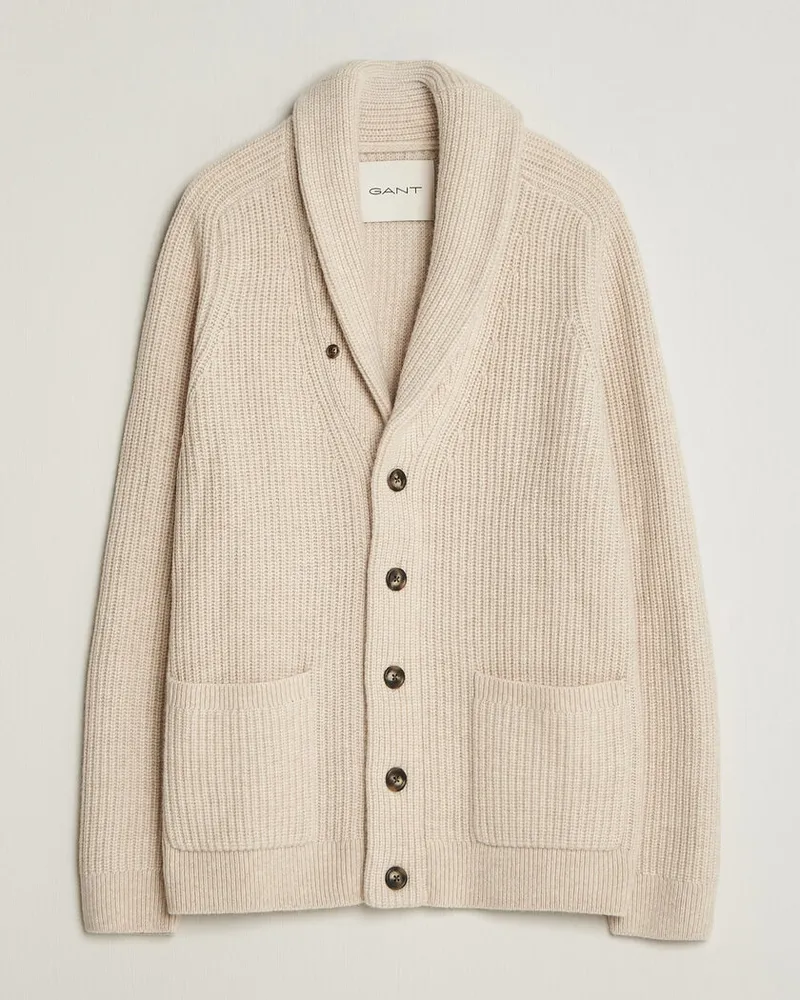 Gant Wool/Cotton Ribbed Shawl Collar Cardigan Light Beige Beige