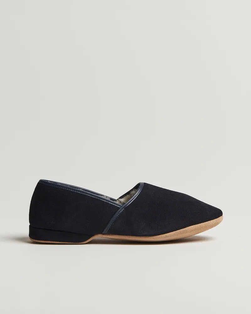 Derek Rose Crawford Sheepskin Suede Slippers Navy Blau