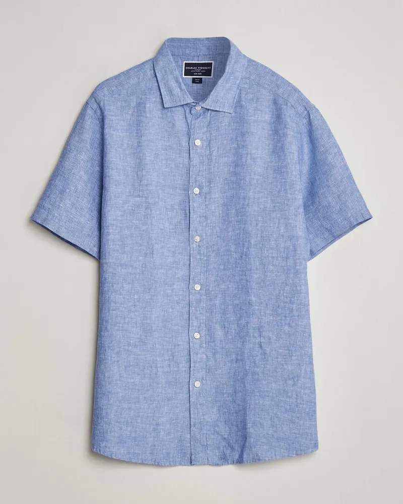 Charles Tyrwhitt Pure Linen Short Sleeve Slim Fit Shirt Cornflower Blu Blau