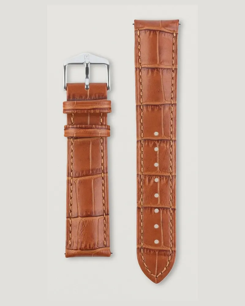 Hirsch Duke Embossed Leather Watch Strap Honey Brown Braun