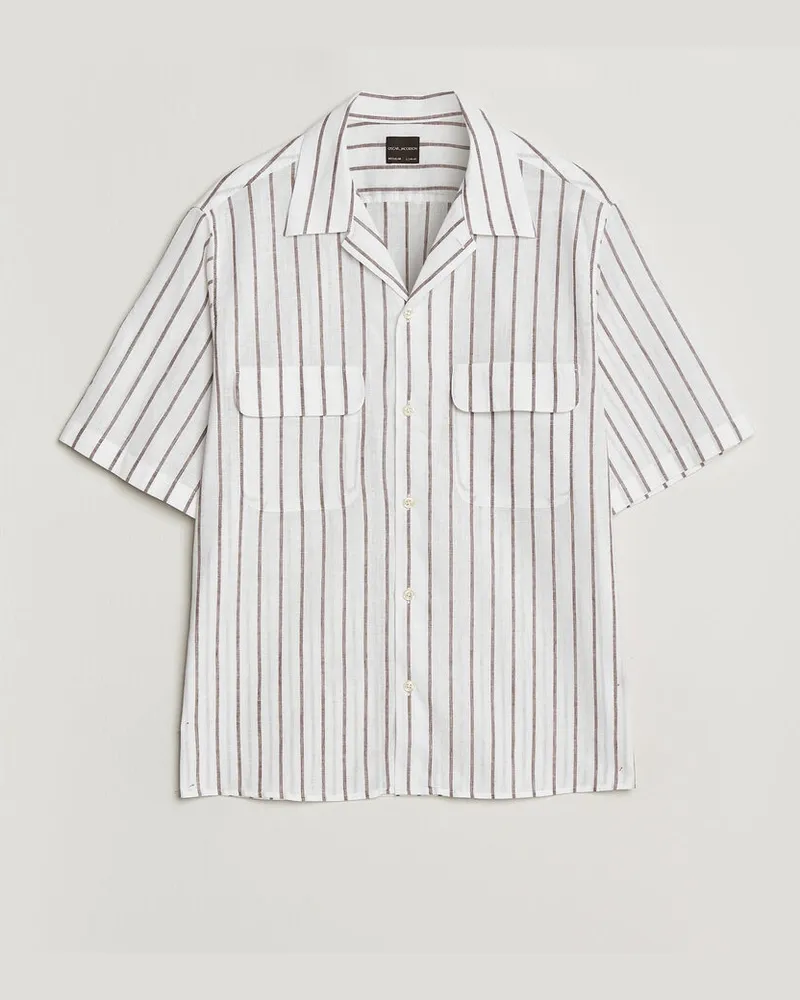 Oscar Jacobson Striped Short Sleeve Linen Shirt Brown/White Weiß