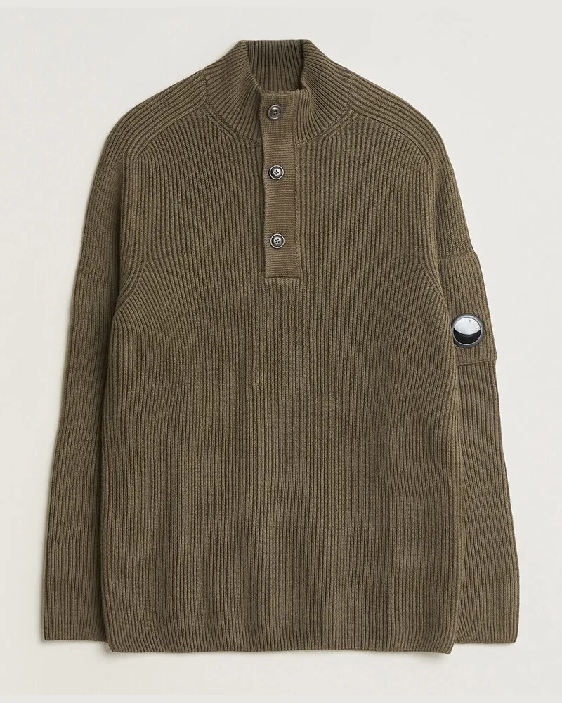 C.P. Company Full Rib Knitted Cotton Half Button Dark Green Grün