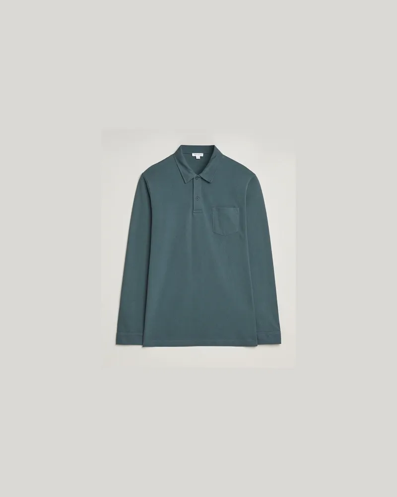 Sunspel Long Sleeve Riviera Polo Shirt Dark Petrol Grün