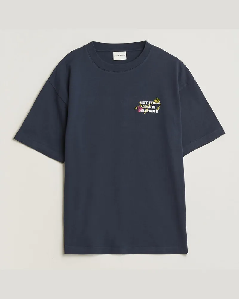 Drôle de Monsieur Vine Embroidered Slogan T-Shirt Navy Blau
