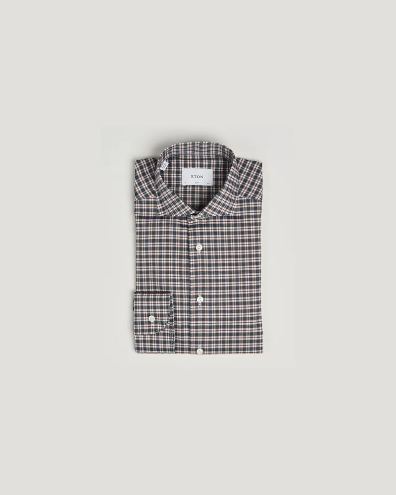 Eton Slim Fit Checked Wrinkle Free Flannel Shirt Dark Blue Blau
