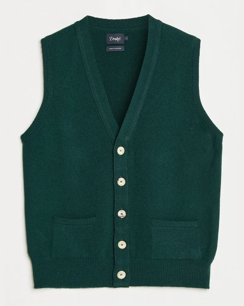 Drake's Lambswool Vest Cardigan Green Grün