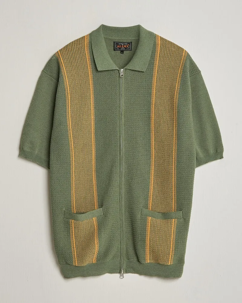 Beams Plus Zip Knit Striped Polo Olive Grün