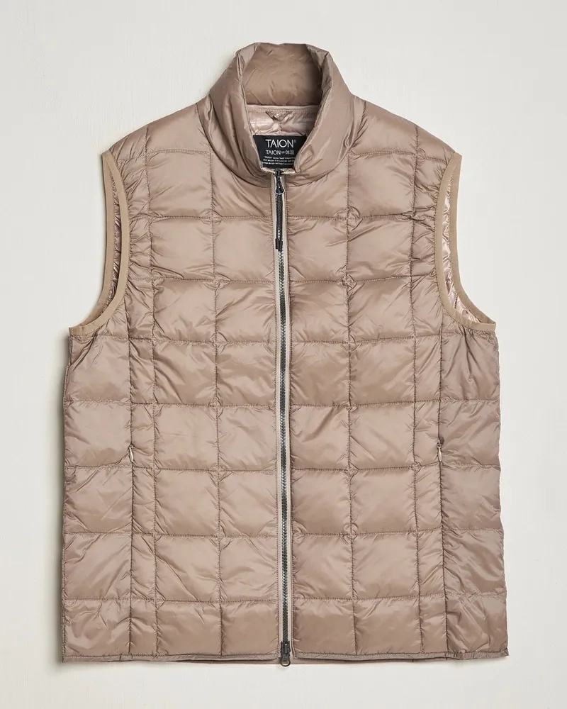 TAION High Neck Full Zip Lightweight Down Vest Khaki Beige